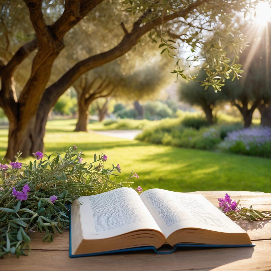 A serene landscape featuring a lush green garden with blooming flowers and olive trees, symbolizing health and nature. In the foreground, an open book with handwritten notes and sunlight streaming through, representing knowledge and support. Intertwined in the scene are ribbons of vibrant colors, signifying hope and resilience in cancer prevention. People of diverse backgrounds engaging in outdoor activities, conveying community and support. soft focus, vibrant colors, and warm lighting.